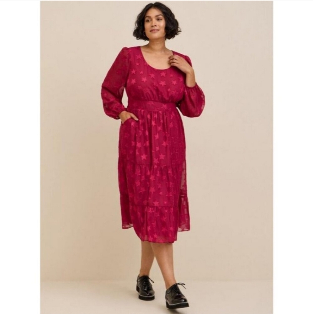 Torrid Burgundy Chiffon Clipdot Star Dress 1X (14-16) - Picture 2 of 5
